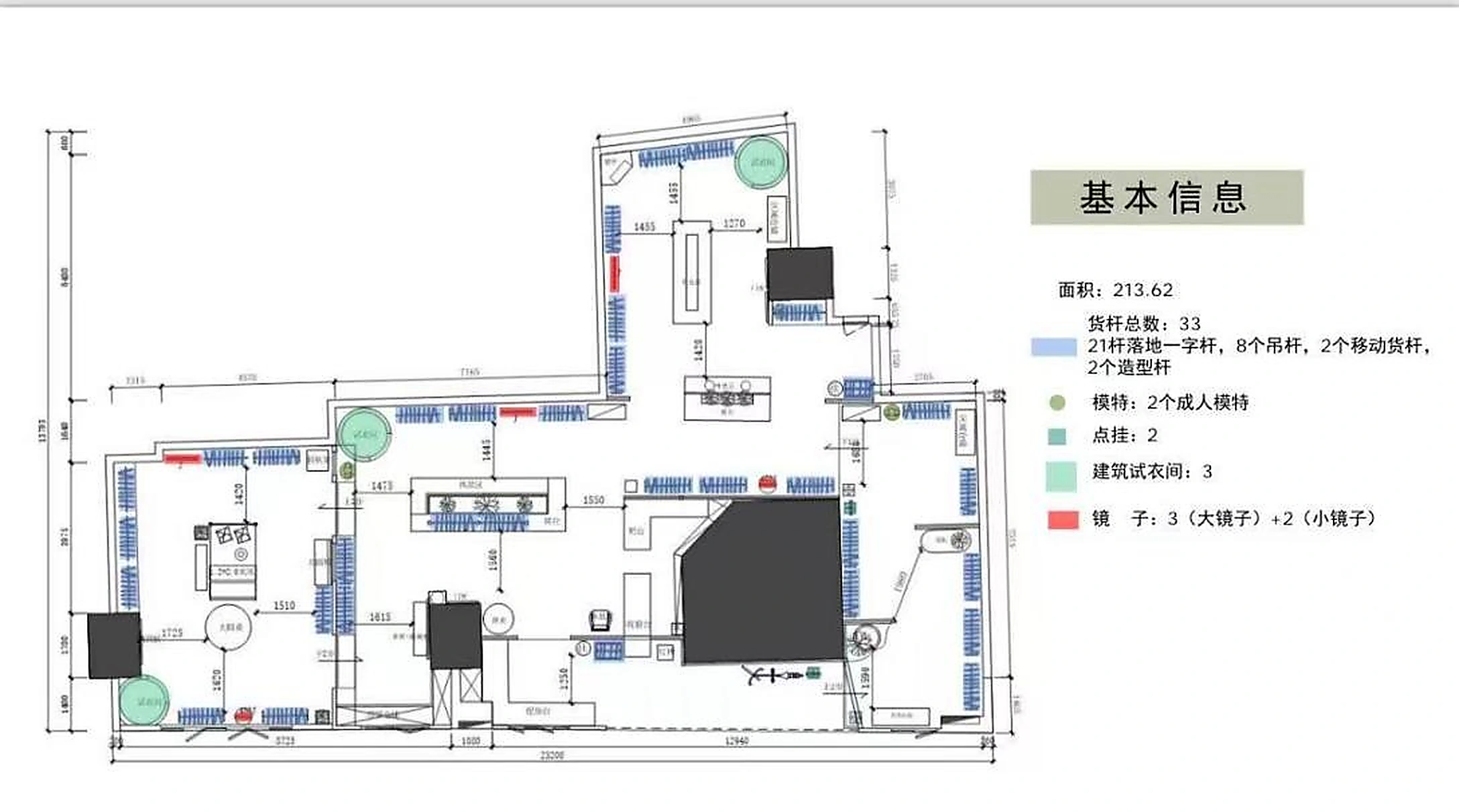 标注门店面积、货柜、模特、试衣间和镜面位置的基础平面图
