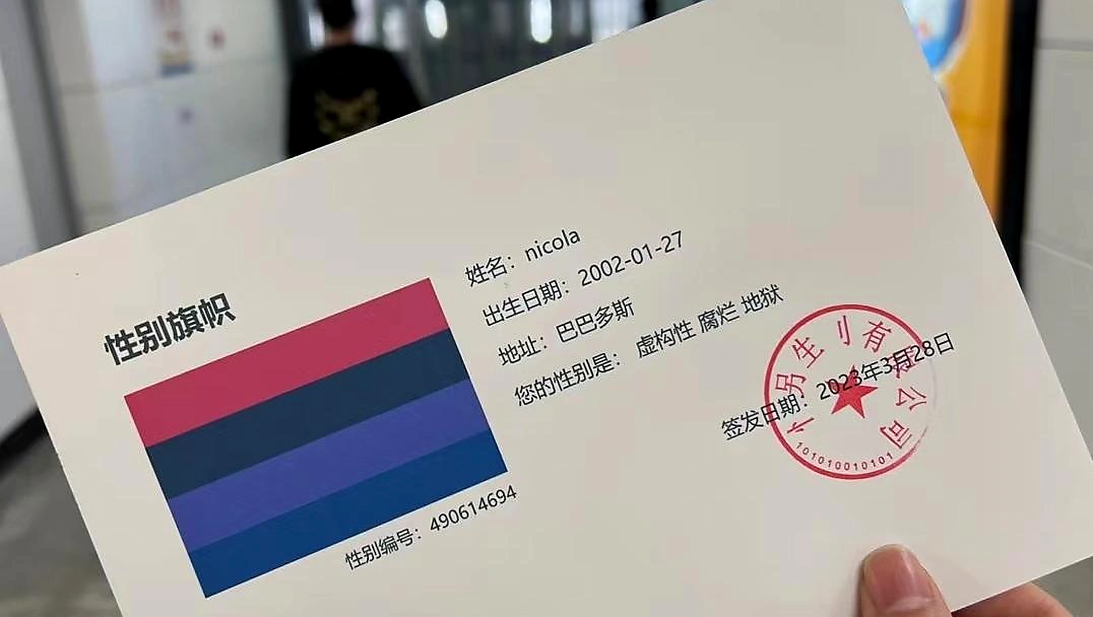 参与者生成的性别旗帜与身份信息卡